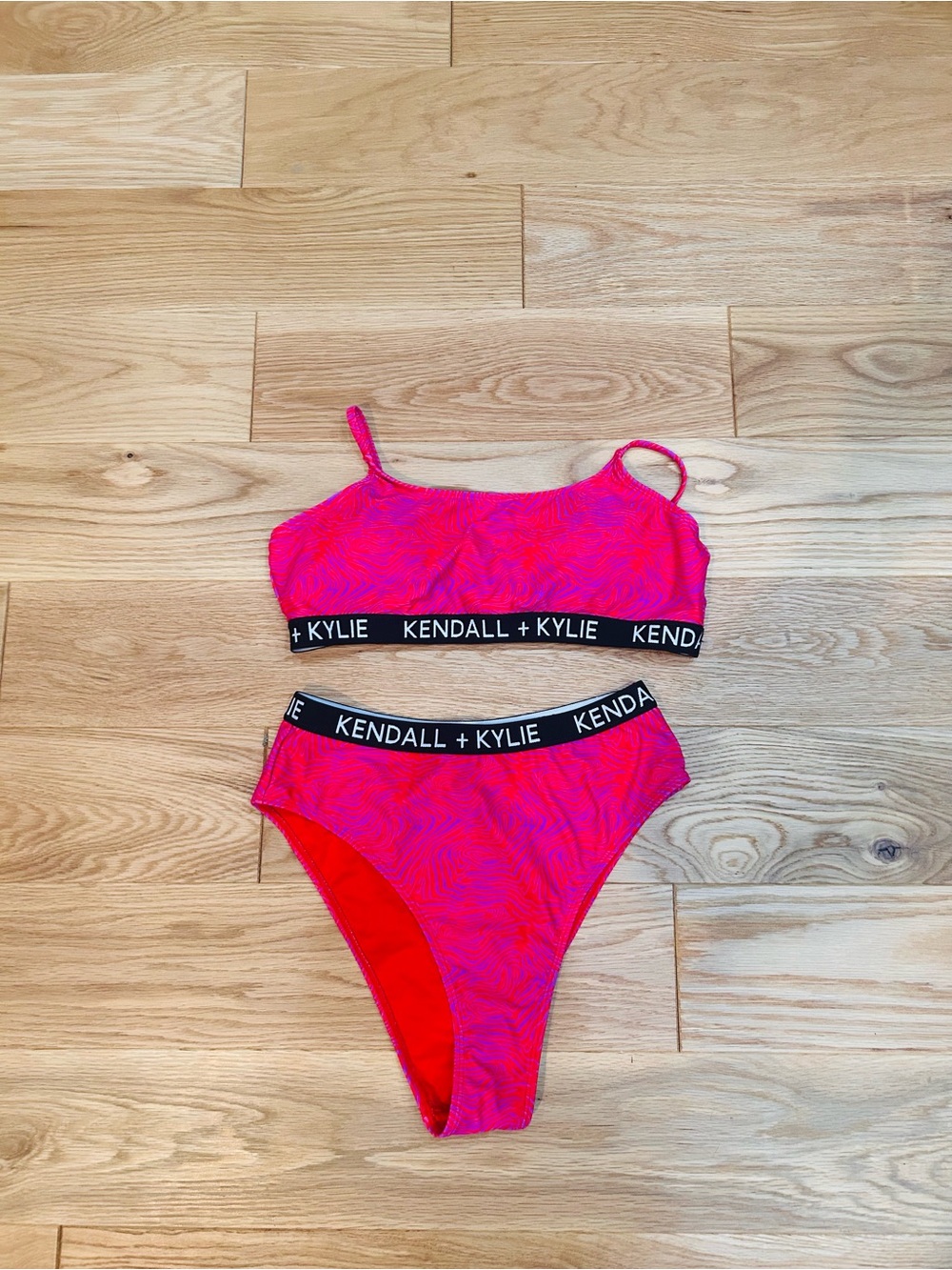 Kendall & Kylie Neon Fuchsia Two-Piece Bikini Set with Black Logo Band